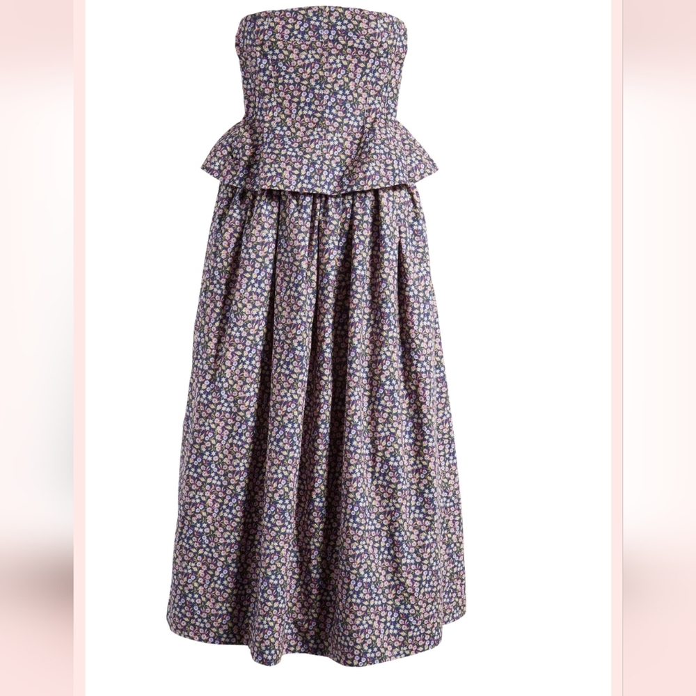 NACKIYÈ Floral Ditsy Pintuck Peplum Strapless Midi Dress VIOLET BOMB, Size 4